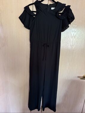 Cold-Shoulder Black Ruffle Jumpsuit with Drawstring Waist